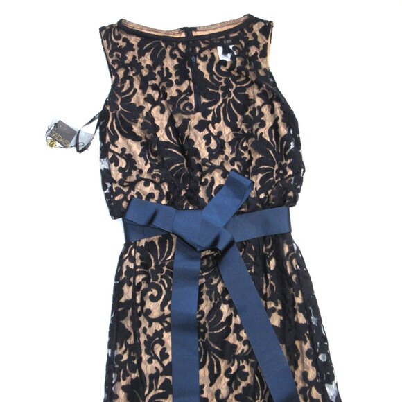 NWT TADASHI SHOJI Embroidered Lace Blouson Gown in Navy Nude Maxi Dress 4 - Picture 4 of 10